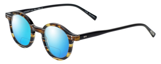 Profile View of Eyebobs Frizz Bee Designer Polarized Reading Sunglasses with Custom Cut Powered Blue Mirror Lenses in Brown Gold Tortoise Crystal Ivory White Stripe Ladies Round Full Rim Acetate 39 mm