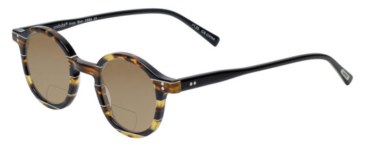 Profile View of Eyebobs Frizz Bee Designer Polarized Reading Sunglasses with Custom Cut Powered Amber Brown Lenses in Brown Gold Tortoise Crystal Ivory White Stripe Ladies Round Full Rim Acetate 39 mm