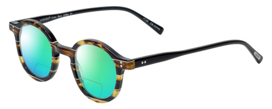 Profile View of Eyebobs Frizz Bee Designer Polarized Reading Sunglasses with Custom Cut Powered Green Mirror Lenses in Brown Gold Tortoise Crystal Ivory White Stripe Ladies Round Full Rim Acetate 39 mm