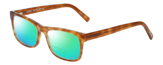 Profile View of Eyebobs Full Zip Designer Polarized Reading Sunglasses with Custom Cut Powered Green Mirror Lenses in Light Brown Gold Tortoise Crystal Unisex Square Full Rim Acetate 57 mm
