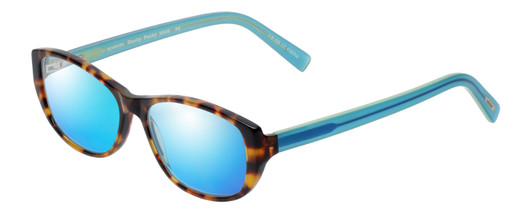 Profile View of Eyebobs Hanky Panky Designer Polarized Sunglasses with Custom Cut Blue Mirror Lenses in Tortoise Brown Gold Crystal Blue Ladies Cateye Full Rim Acetate 52 mm