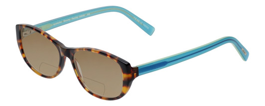 Profile View of Eyebobs Hanky Panky Designer Polarized Reading Sunglasses with Custom Cut Powered Amber Brown Lenses in Tortoise Brown Gold Crystal Blue Ladies Cateye Full Rim Acetate 52 mm