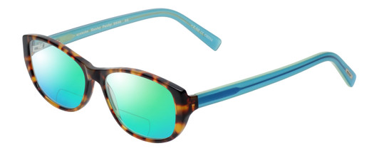 Profile View of Eyebobs Hanky Panky Designer Polarized Reading Sunglasses with Custom Cut Powered Green Mirror Lenses in Tortoise Brown Gold Crystal Blue Ladies Cateye Full Rim Acetate 52 mm