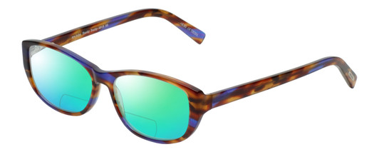 Profile View of Eyebobs Hanky Panky Designer Polarized Reading Sunglasses with Custom Cut Powered Green Mirror Lenses in Tortoise Purple Brown Gold Crystal Ladies Cateye Full Rim Acetate 52 mm
