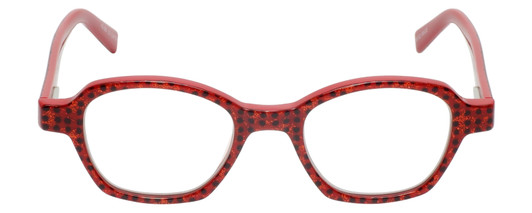 Front View of Eyebobs Haute Flash Designer Reading Eye Glasses with Single Vision Prescription Rx Lenses in Red Glitter Black Polka Dot Ladies Square Full Rim Acetate 46 mm