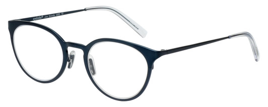 Profile View of Eyebobs Jim Dandy Designer Blue Light Blocking Eyeglasses in Satin Navy Blue Crystal Unisex Round Full Rim Metal 50 mm