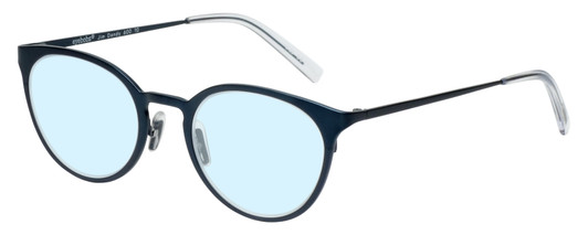 Profile View of Eyebobs Jim Dandy Designer Blue Light Blocking Eyeglasses in Satin Navy Blue Crystal Unisex Round Full Rim Metal 50 mm