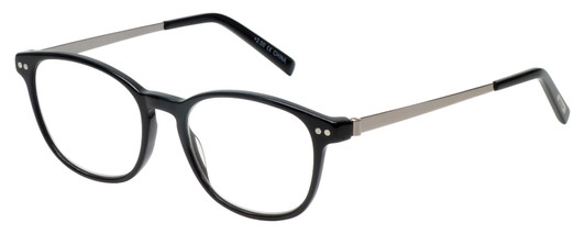 Profile View of Eyebobs Kibitzer Designer Progressive Lens Blue Light Blocking Eyeglasses in Gloss Black Silver Unisex Round Full Rim Metal 48 mm