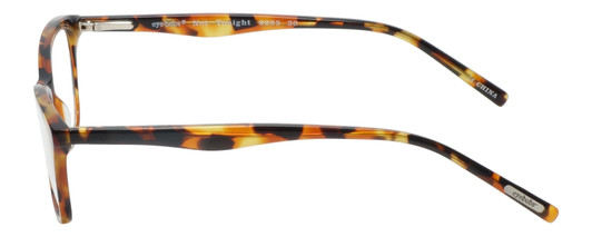 Side View of Eyebobs Not Tonight Designer Reading Eye Glasses with Custom Left and Right Powered Lenses in Light Tortoise Havana Brown Gold Crystal Ladies Cateye Full Rim Acetate 51 mm