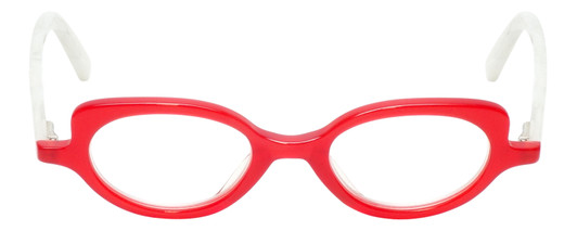 Front View of Eyebobs Peep Show Designer Reading Eye Glasses with Prescription Progressive Rx Lenses in Red Crystal White Marble Ladies Cateye Full Rim Acetate 46 mm