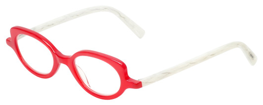 Profile View of Eyebobs Peep Show Designer Blue Light Blocking Eyeglasses in Red Crystal White Marble Ladies Cateye Full Rim Acetate 46 mm