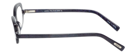 Side View of Eyebobs Peep Show Designer Reading Eye Glasses with Custom Left and Right Powered Lenses in Deep Purple Blue Marble Ladies Cateye Full Rim Acetate 46 mm