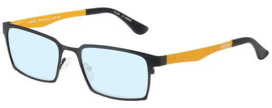 Profile View of Eyebobs Protractor Designer Blue Light Blocking Eyeglasses in Gun Metal Black Mustard Yellow Unisex Square Full Rim Metal 54 mm