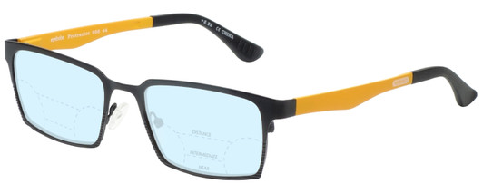 Profile View of Eyebobs Protractor Designer Progressive Lens Blue Light Blocking Eyeglasses in Gun Metal Black Mustard Yellow Unisex Square Full Rim Metal 54 mm with Blue Light Zone functionality illustration laid over the lens