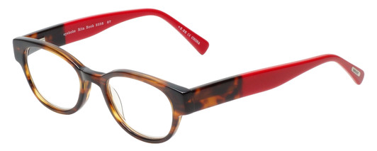 Profile View of Eyebobs Rita Book Designer Progressive Lens Blue Light Blocking Eyeglasses in Tortoise Havana Brown Gold Red Ladies Round Full Rim Acetate 47 mm