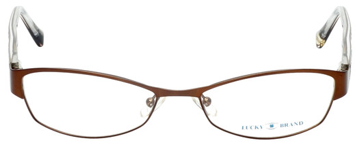 Front View of Lucky Brand Delilah Designer Single Vision Prescription Rx Eyeglasses in Brown Lace Trellis Ladies Cateye Full Rim Metal 52 mm