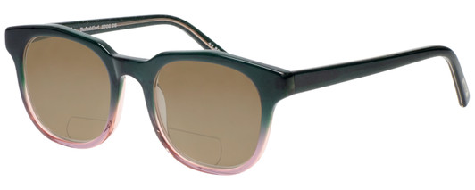 Profile View of Eyebobs Befuddled 2702-26 Designer Polarized Reading Sunglasses with Custom Cut Powered Amber Brown Lenses in Green Glitter Purple Crystal Fade Ladies Classic Full Rim Acetate 46 mm