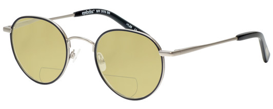 Profile View of Eyebobs BFF 3173-00 Designer Polarized Reading Sunglasses with Custom Cut Powered Sun Flower Yellow Lenses in Silver Black Unisex Oval Full Rim Metal 46 mm