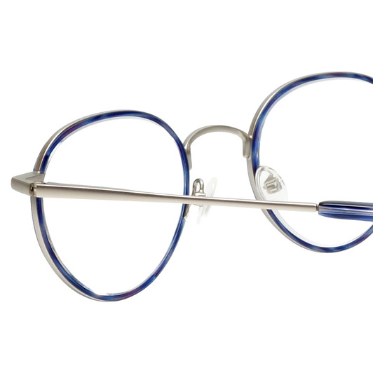 Close Up View of Eyebobs BFF 3173-10 Designer Reading Eye Glasses with Custom Cut Powered Lenses in Blue Silver Unisex Oval Full Rim Metal 46 mm
