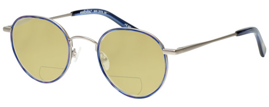 Profile View of Eyebobs BFF 3173-10 Designer Polarized Reading Sunglasses with Custom Cut Powered Sun Flower Yellow Lenses in Blue Silver Unisex Oval Full Rim Metal 46 mm