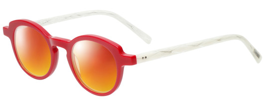 Profile View of Eyebobs Cabaret 2296-01 Designer Polarized Sunglasses with Custom Cut Red Mirror Lenses in Red White Crystal Marble Ladies Round Full Rim Acetate 40 mm