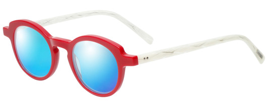 Profile View of Eyebobs Cabaret 2296-01 Designer Polarized Sunglasses with Custom Cut Blue Mirror Lenses in Red White Crystal Marble Ladies Round Full Rim Acetate 40 mm