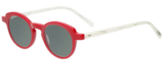 Profile View of Eyebobs Cabaret 2296-01 Designer Polarized Sunglasses with Custom Cut Smoke Grey Lenses in Red White Crystal Marble Ladies Round Full Rim Acetate 40 mm