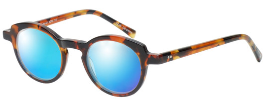 Profile View of Eyebobs Cabaret 2296-30 Designer Polarized Sunglasses with Custom Cut Blue Mirror Lenses in Crystal Tortoise Havana Brown Gold Ladies Round Full Rim Acetate 40 mm