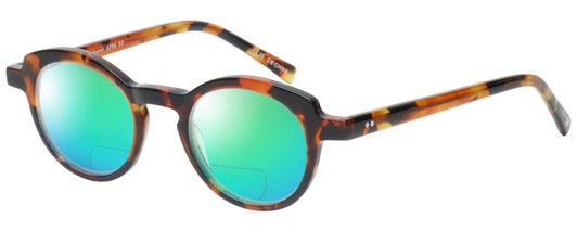 Profile View of Eyebobs Cabaret 2296-30 Designer Polarized Reading Sunglasses with Custom Cut Powered Green Mirror Lenses in Crystal Tortoise Havana Brown Gold Ladies Round Full Rim Acetate 40 mm