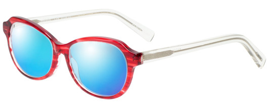 Profile View of Eyebobs CPA 2738-01 Designer Polarized Sunglasses with Custom Cut Blue Mirror Lenses in Red Crystal Ladies Cateye Full Rim Acetate 51 mm