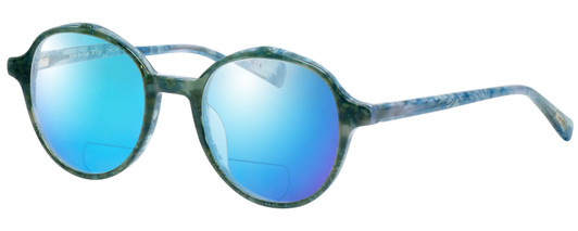 Profile View of Eyebobs Flip 2607-59 Designer Polarized Reading Sunglasses with Custom Cut Powered Blue Mirror Lenses in Blue Green Marble Ladies Round Full Rim Acetate 50 mm