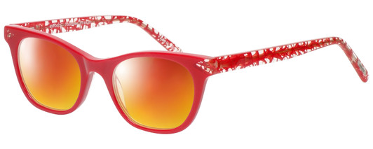 Profile View of Eyebobs Florence 2746-01 Designer Polarized Sunglasses with Custom Cut Red Mirror Lenses in Red Crystal Ladies Cateye Full Rim Acetate 47 mm