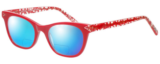 Profile View of Eyebobs Florence 2746-01 Designer Polarized Reading Sunglasses with Custom Cut Powered Blue Mirror Lenses in Red Crystal Ladies Cateye Full Rim Acetate 47 mm