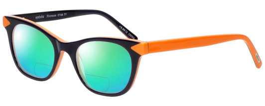 Profile View of Eyebobs Florence 2746-77 Designer Polarized Reading Sunglasses with Custom Cut Powered Green Mirror Lenses in Deep Purple Orange Ladies Cateye Full Rim Acetate 47 mm