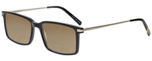 Profile View of Eyebobs Gus 3155-00 Designer Polarized Reading Sunglasses with Custom Cut Powered Amber Brown Lenses in Black Silver Mens Rectangle Full Rim Acetate 57 mm