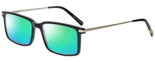 Profile View of Eyebobs Gus 3155-00 Designer Polarized Reading Sunglasses with Custom Cut Powered Green Mirror Lenses in Black Silver Mens Rectangle Full Rim Acetate 57 mm
