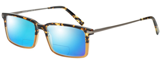 Profile View of Eyebobs Gus 3155-77 Designer Polarized Reading Sunglasses with Custom Cut Powered Blue Mirror Lenses in Tortoise Amber Fade Gunmetal Mens Rectangle Full Rim Acetate 57 mm