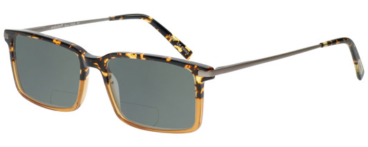 Profile View of Eyebobs Gus 3155-77 Designer Polarized Reading Sunglasses with Custom Cut Powered Smoke Grey Lenses in Tortoise Amber Fade Gunmetal Mens Rectangle Full Rim Acetate 57 mm