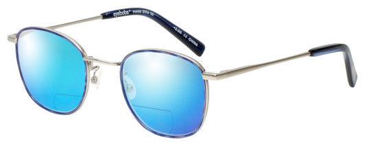 Profile View of Eyebobs Inside 3174-10 Designer Polarized Reading Sunglasses with Custom Cut Powered Blue Mirror Lenses in Blue Silver Unisex Square Full Rim Metal 48 mm