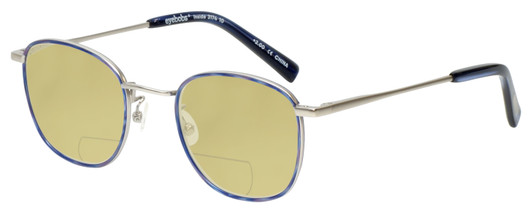 Profile View of Eyebobs Inside 3174-10 Designer Polarized Reading Sunglasses with Custom Cut Powered Sun Flower Yellow Lenses in Blue Silver Unisex Square Full Rim Metal 48 mm