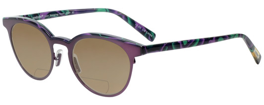 Profile View of Eyebobs Low Hanging Fruit 3159-52 Designer Polarized Reading Sunglasses with Custom Cut Powered Amber Brown Lenses in Purple Green Marble Swirl Ladies Round Full Rim Acetate 50 mm