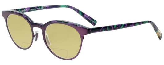 Profile View of Eyebobs Low Hanging Fruit 3159-52 Designer Polarized Reading Sunglasses with Custom Cut Powered Sun Flower Yellow Lenses in Purple Green Marble Swirl Ladies Round Full Rim Acetate 50 mm