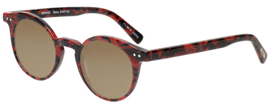 Profile View of Eyebobs Reva 2747-01 Designer Polarized Sunglasses with Custom Cut Amber Brown Lenses in Red Black Marble Swirl Unisex Cateye Full Rim Acetate 45 mm