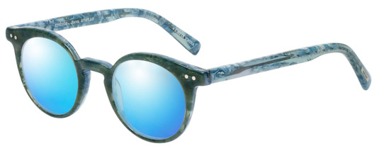 Profile View of Eyebobs Reva 2747-10 Designer Polarized Sunglasses with Custom Cut Blue Mirror Lenses in Green Blue Marble Unisex Cateye Full Rim Acetate 45 mm