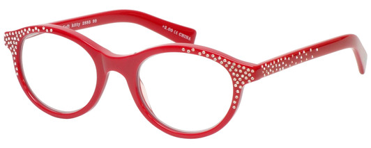 Profile View of Eyebobs Soft Kitty 2885-99 Designer Progressive Lens Blue Light Blocking Eyeglasses in Red Crystal Rhinestones Ladies Cateye Full Rim Acetate 48 mm