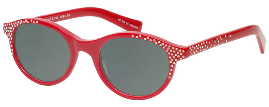 Profile View of Eyebobs Soft Kitty 2885-99 Designer Polarized Sunglasses with Custom Cut Smoke Grey Lenses in Red Crystal Rhinestones Ladies Cateye Full Rim Acetate 48 mm