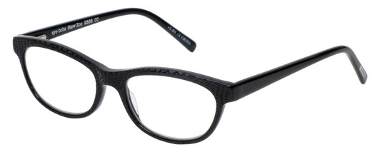 Profile View of Eyebobs Stew Zoo 2898-00 Designer Reading Eye Glasses with Custom Cut Powered Lenses in Black Snake Skin Ladies Cateye Full Rim Acetate 52 mm