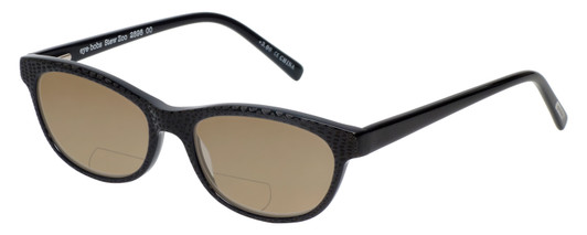 Profile View of Eyebobs Stew Zoo 2898-00 Designer Polarized Reading Sunglasses with Custom Cut Powered Amber Brown Lenses in Black Snake Skin Ladies Cateye Full Rim Acetate 52 mm