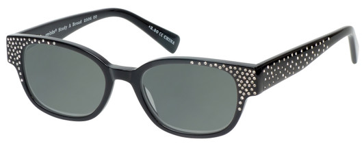 Profile View of Eyebobs Study A Broad 2506-00 Designer Polarized Sunglasses with Custom Cut Smoke Grey Lenses in Black Crystal Rhinestones Ladies Cateye Full Rim Acetate 49 mm