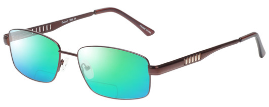 Profile View of Enhance EN3858 Designer Polarized Reading Sunglasses with Custom Cut Powered Green Mirror Lenses in Brown Gold Mens Rectangle Full Rim Metal 59 mm